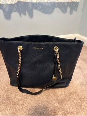 Michael Kors Navy Pebbled Leather Tote with Gold Chain Handles
